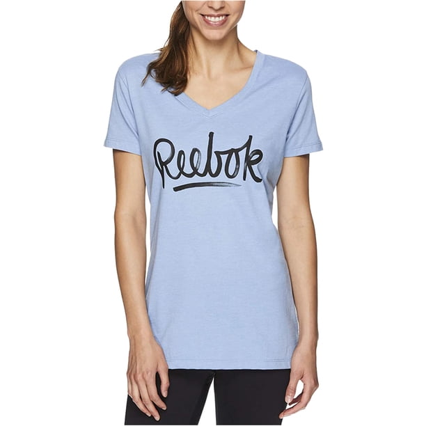 Reebok Womens V-Neck Script Logo Graphic T-Shirt, azul, mediano