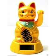 Solar Powered GOLD Feng Shui Gold Lucky Beckoning Waving Cat Maneki Neko 5"tall