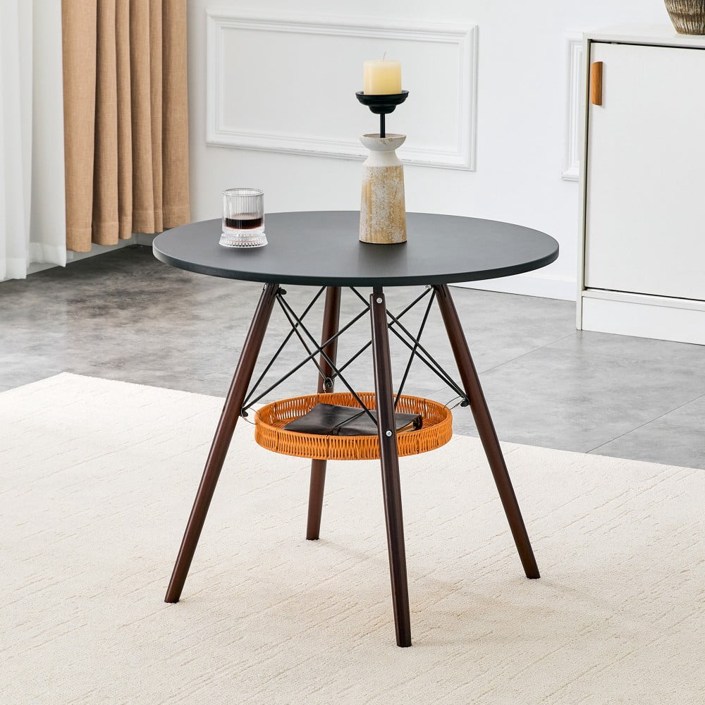 31.5" Round Dining Table, Black MDF Vacuum-Formed Tabletop with Walnut Solid Wood Legs, Woven Storage Basket, Modern Kitchen Table for 2-4