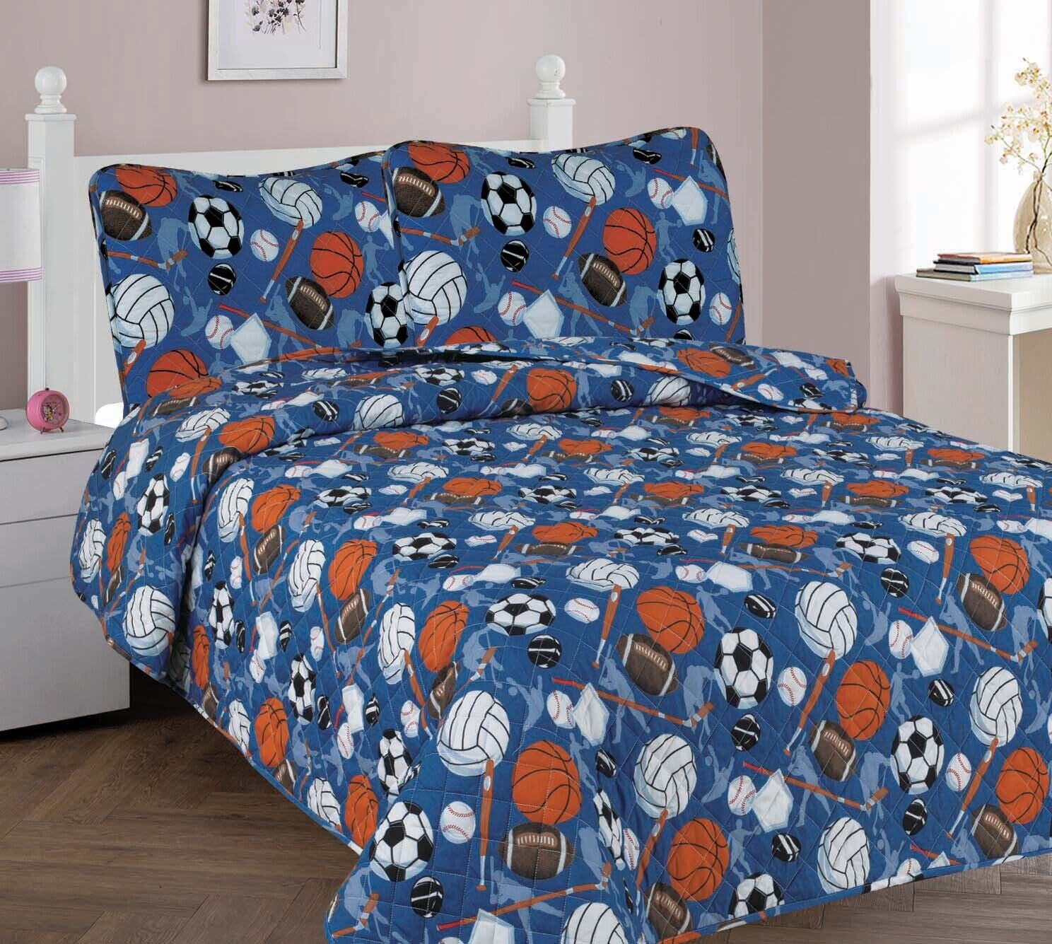 3-Piece Full Hockey Sport Ball Blue for Kids Microfiber Bedding Quilt Set, 1 Print Quilted Coverlet with 2 Matching Pillow Shams Included