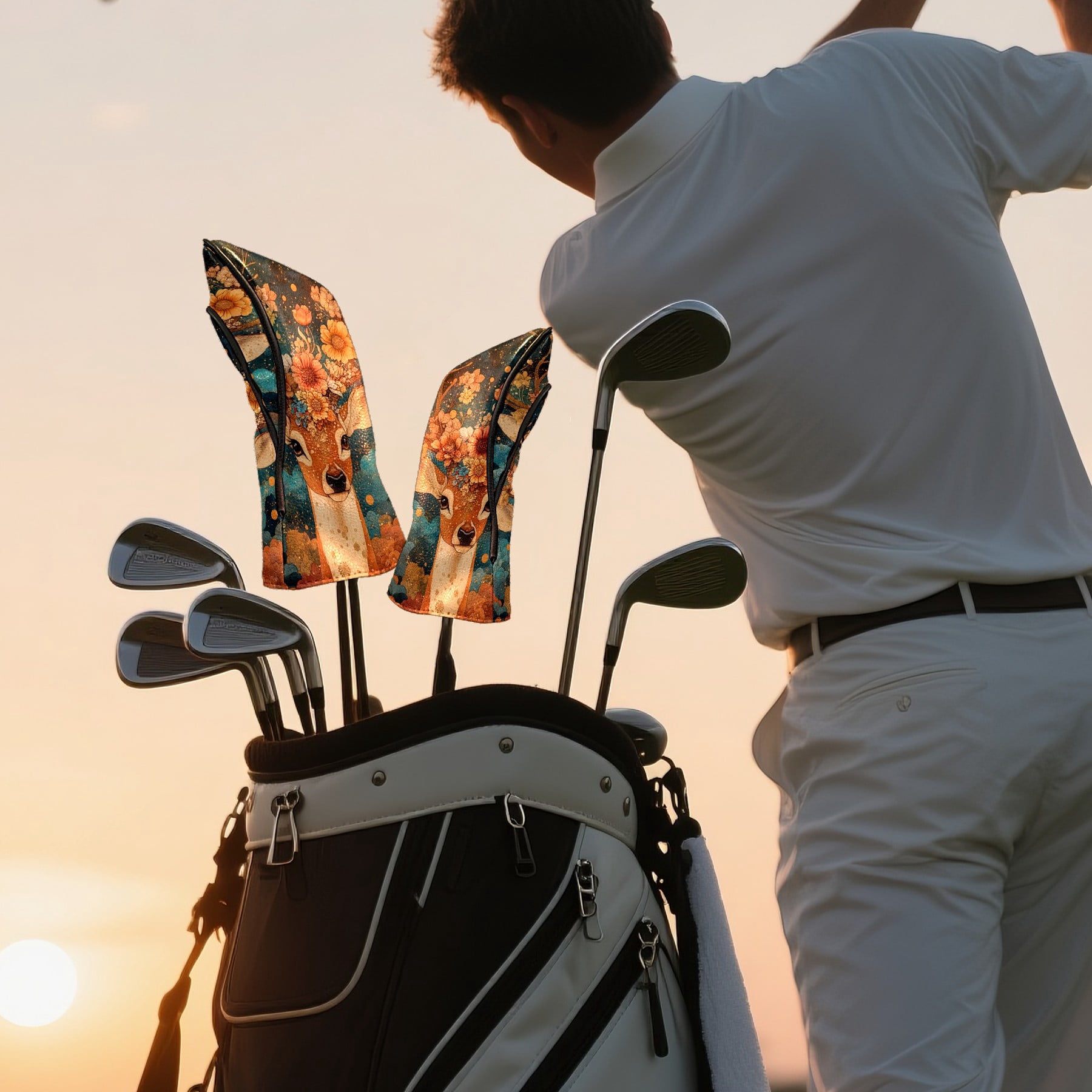 Golf Club Head Cover Waterproof Leather Golf Accessories HeadCovers Set Driver Headcover for Women Men Deer With Flowers