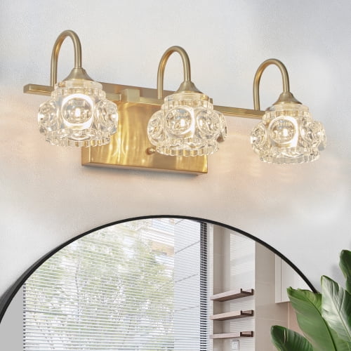 ACE-LIGHTS,Retro 3-Light Bathroom Vanity Light Fixture with Crystal Glass Shades(Bulbs Not Included),Wall Mounted Lighting for Bathroom,Dressing Room,Powder Room and Vanity Mirror(Golden）