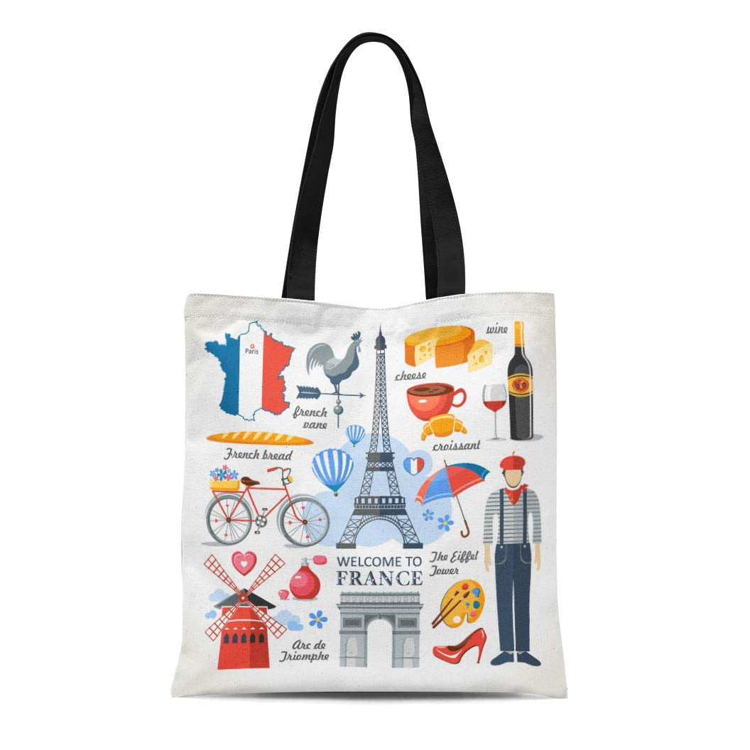 SIDONKU Canvas Tote Bag Paris Welcome to France Romance French Map Symbol Landmark Reusable ...