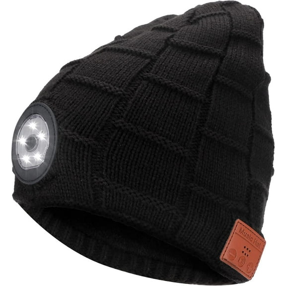 Bluetooth Hat Beanie with LIGHT Wireless Headset Music Hat, Winter Warm Cap for Women Men Running Cycling Black