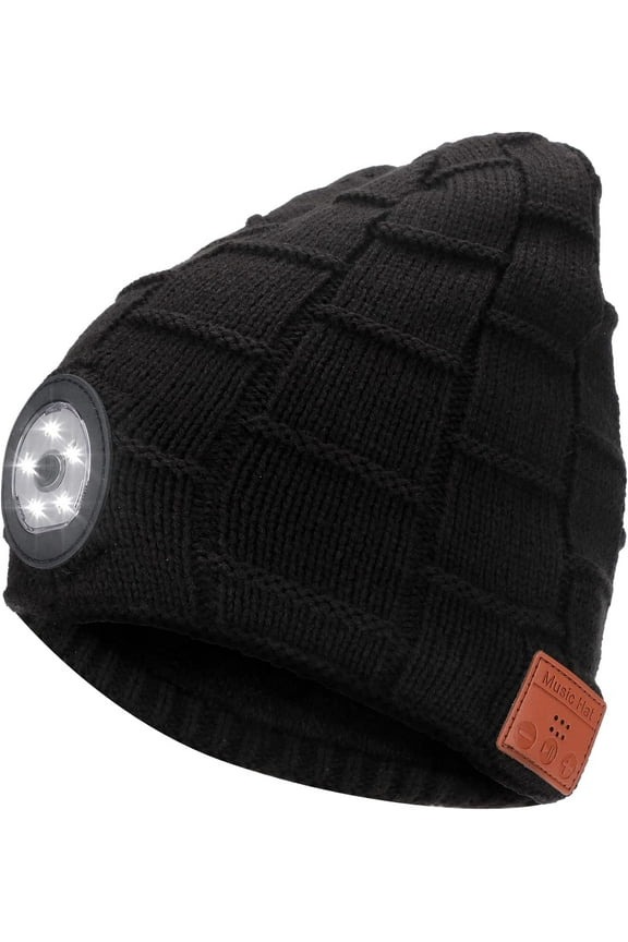 Bluetooth Hat Beanie with LIGHT Wireless Headset Music Hat, Winter Warm Cap for Women Men Running Cycling Black