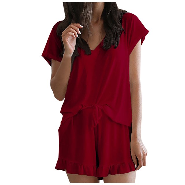 Moda mujer Casual sólido manga corta cuello en V Tops ropa de dormir pantalones cortos conjuntos de ropa de dormir Wmkox8yi bvn1763