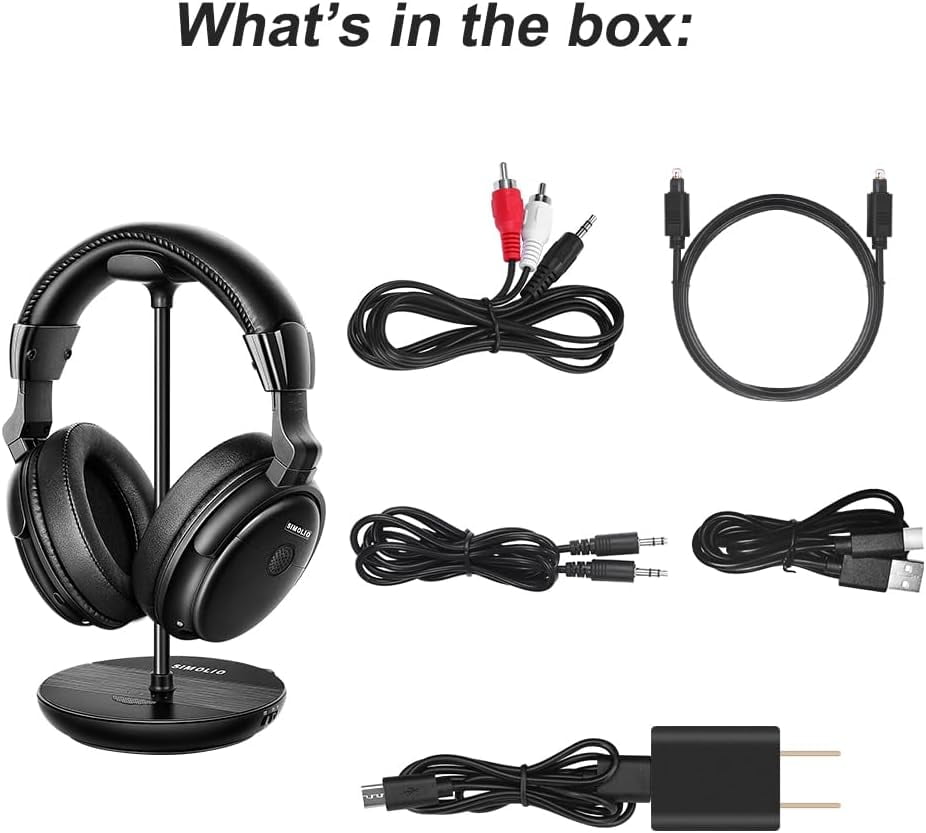 SIMOLIO Wireless Headphones for TV Watching with Transmitter/Charging Stand 2-in-1, Wireless TV Headphones w/Dialogue Clarity & BAL & Tone Control, by-Pass, Spare Battery, SM829D1-W (New)