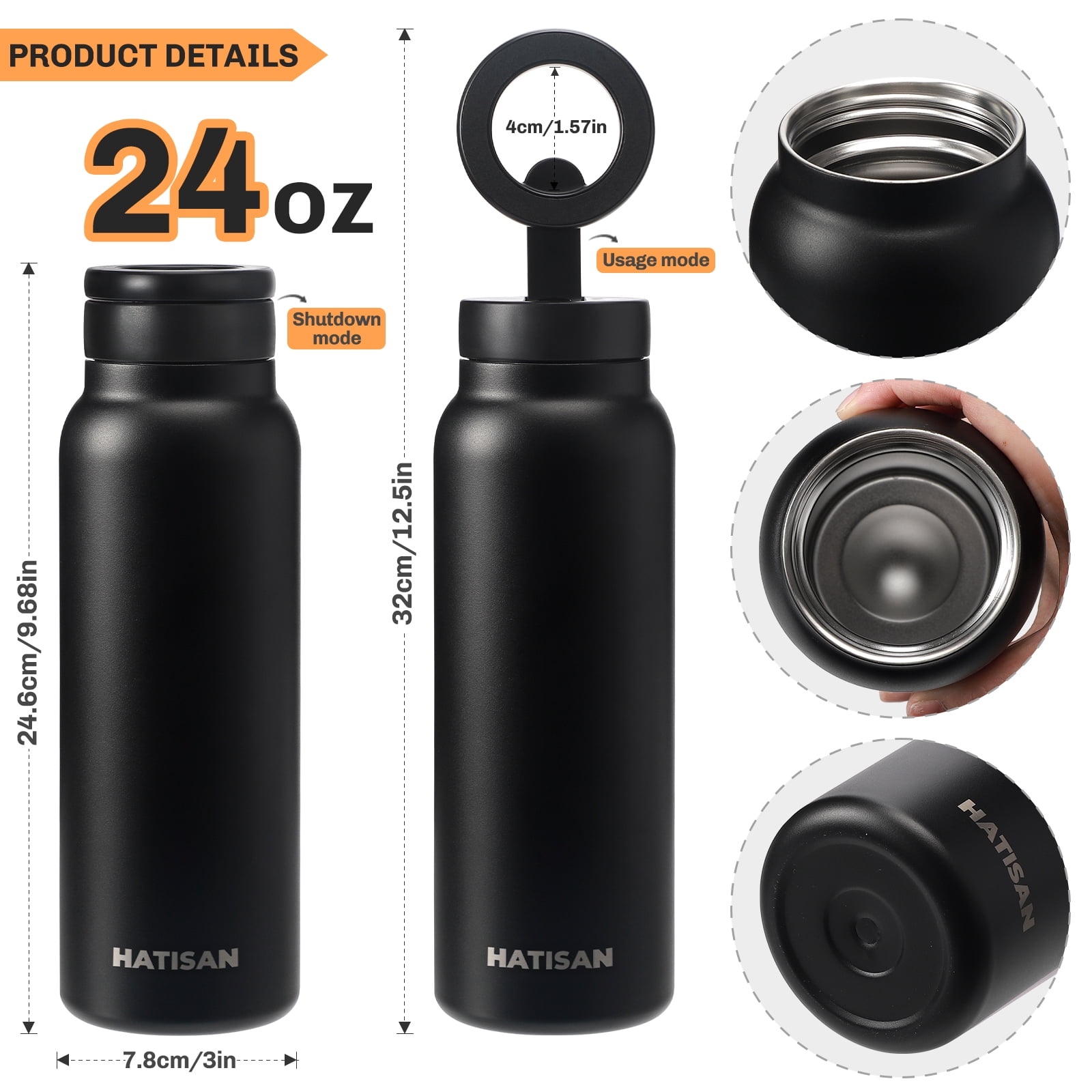 Hatisan 24 oz Insulated Water Bottle, Magnetic Stainless Steel Water Bottle, with Mobile Phone Holder Tripod, Hot for 12H, Cold for 24H(Black)