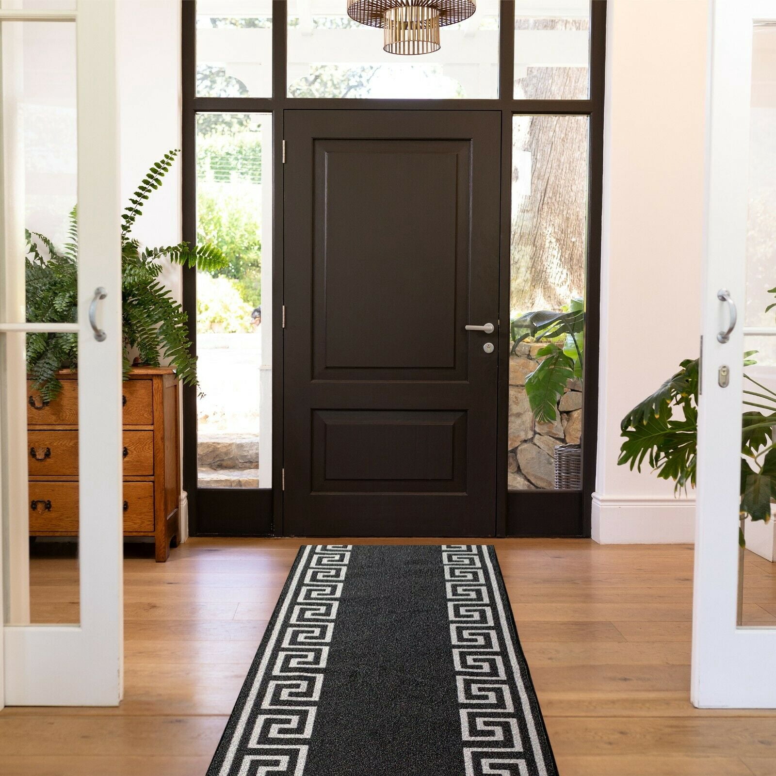 Runner Rug for Hallway Greek Key Print Design Black Silver Color 26 Inch or 31 Inch Wide by Your Length Choice Slip Resistant Rubber Backing Stain Resistant Pile Stair Runner