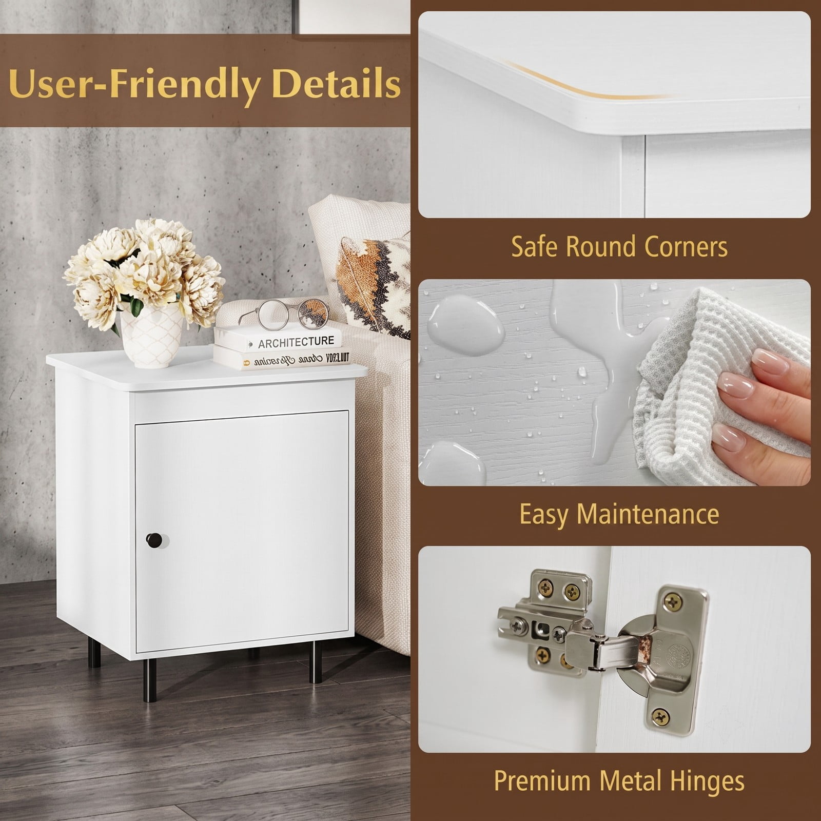 Furnibear Mid Century Nightstand with Enclosed Storage Cabinet and Open Top and Metal Legs for Bedroom and Living Room, White Bedside Table