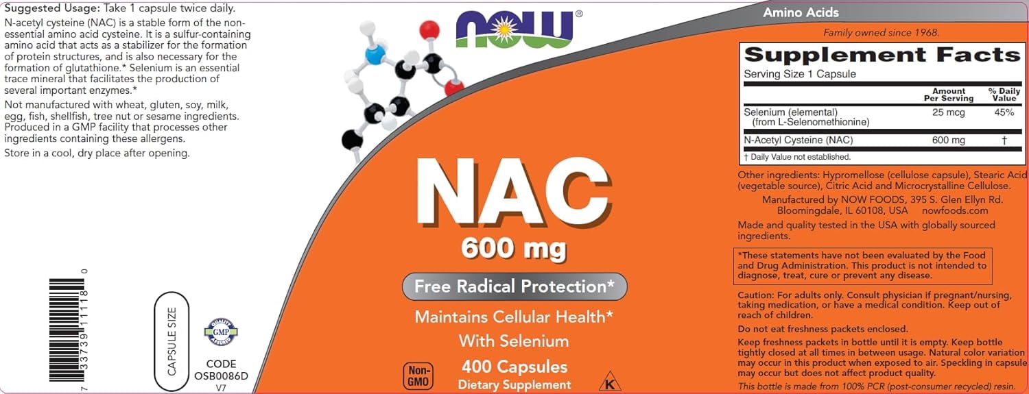 Now NAC 600 mg, 400 Capsules, N-Acetyl Cysteine with Selenium