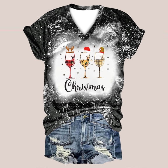 DailyTrove Women's Christmas Wine Glass Print V-Neck Short Sleeve T-Shirt - Multi-Color Options, Festival & Casual Daily Outerwear