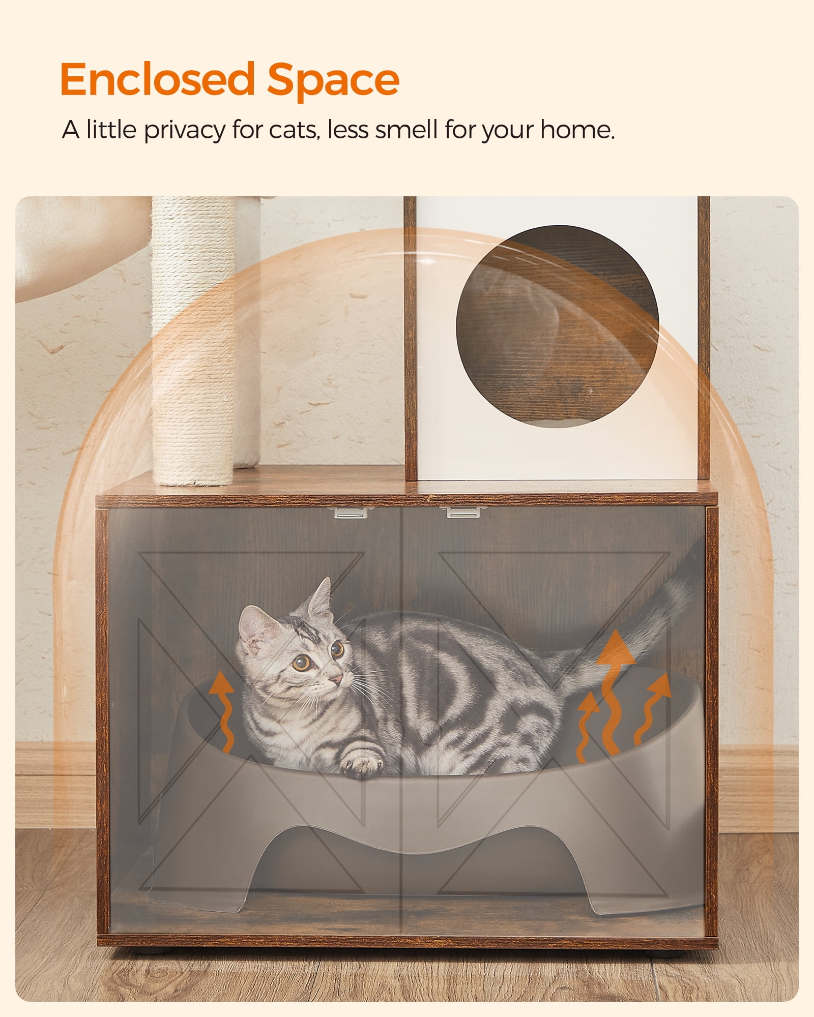 WoodyWonders 2-in-1 Cat Tree with Litter Box Enclosure - Modern Cat Condo with Scratching Posts, Rustic Brown