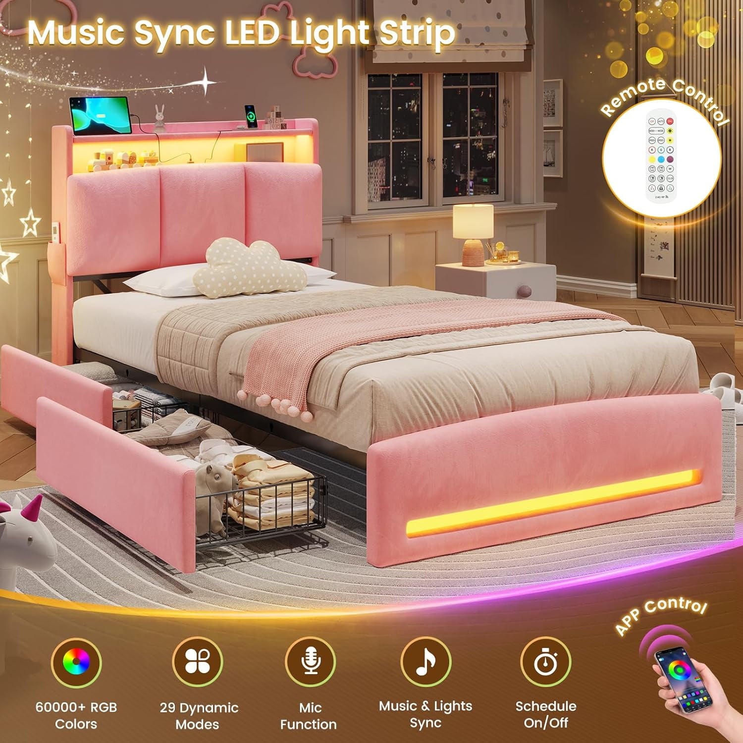 Twin Bed Frames with Storage Headboard and Charging Station, Velvet Upholstered Bed Frame Twin Size with 4 Drawers and LED Lights, Type C and USB, No Box Spring Needed, Pink
