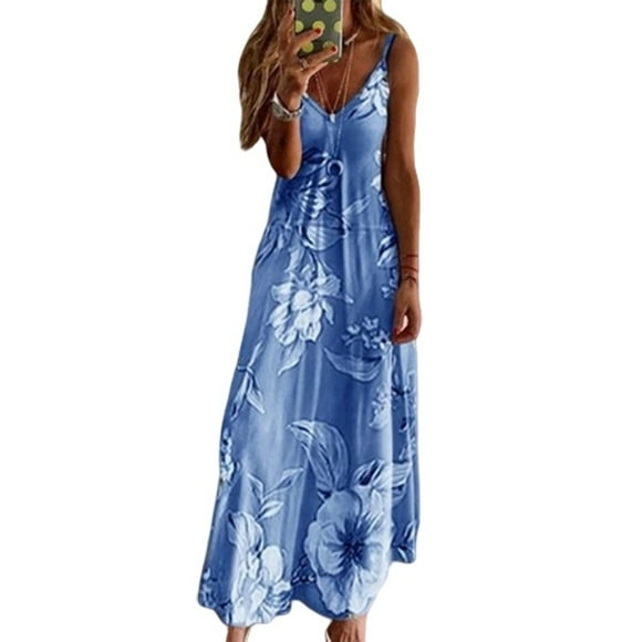 Long Dress for Women V-Neck and Sleeveless Condole Belt Dress with Floral-Print Patterns