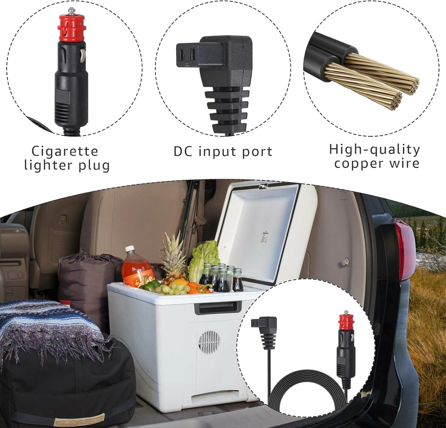 mistyhony DC 12V/24V Car Refrigerator Power Cord, 10FT 16AWG Pure Copper Portable Freezer Charging Cable with Multi-Protection, Male-to-Female Plug for Most Car Fridge Brands