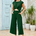 thumbnail image 3 of Summer Savings Clearance! Edvintorg Wide Leg Pants Sets Women 2 Piece Outfits 2Pc Fashion Womens Clothing Crewneck Solid Short Sleeve Top + Loose Pocket Pants Suit Green S, 3 of 6