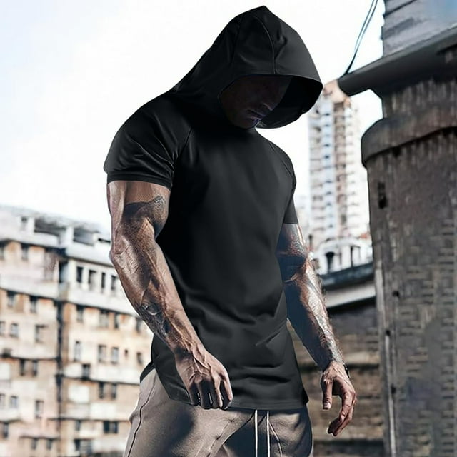 Blusa de manga corta con capucha para hombre, informal, de verano, de color liso, con cuello redondo, de manga corta, con capucha, fina, transpirable, de poliéster.
