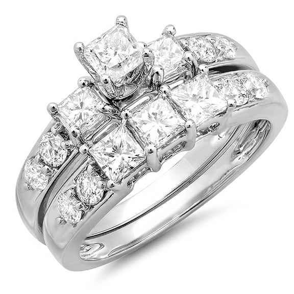 Dazzlingrock Collection 2.00 Carat (ctw) 14K Princess & Round Diamond 3 Stone Ladies Ring Set 2 CT, White Gold, Size 9