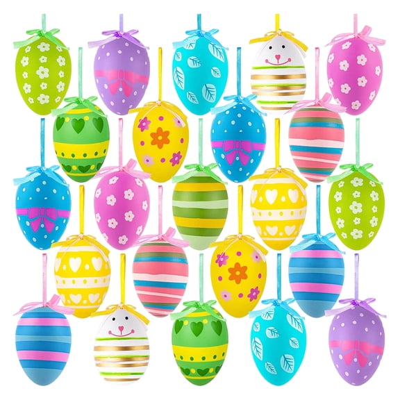 24 Pcs Easter Eggs Hanging Ornaments, Colorful Printed Plastic Easter Eggs Decorations for Easter Tree, Home Party, Basket Stuffers and DIY Crafts