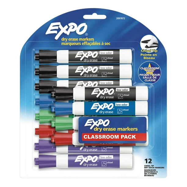 Expo Low Odor Dry Erase Markers, Chisel Tip, Assorted Colors, 12 Count