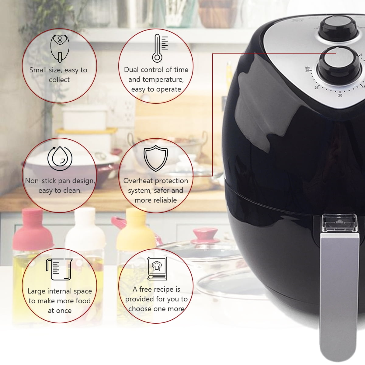 Kepooman 1500W 4.5L Airfryer, Hot Air Fryerrol, Electric Hot Air Fryers Oven, Fryer with Dual Control Temperature and Safe Basket，Black