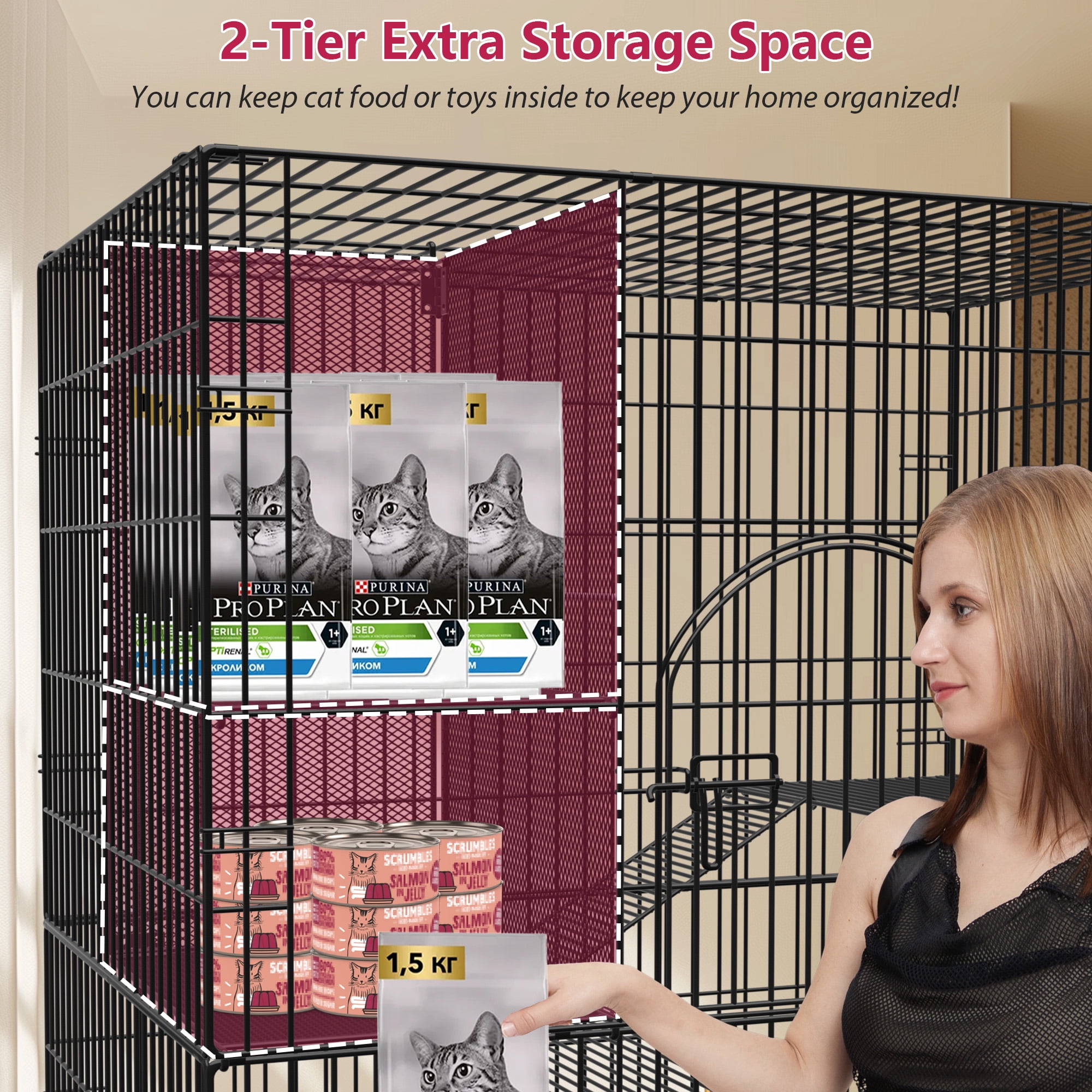 Jhsomdr 4-Tier Large Cat Cage Indoor Cat Enclosures with Storage Cube 58"H Collapsible Metal Cat Playpen Ferret Cage Outdoor Cat Kennel with 2 Doors