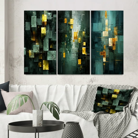 Designart "Emerald Reflections Abstract in Cubist Style II" Abstract Painting Wall Art Set Of 3 - Modern Gold Gallery Set For Office Decor
