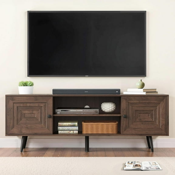 Mid Century Modern TV Stand for 65" TV, Wooden Entertainment Console with Open Shelves & 2 Cabinets, Media Storage for Living Room, Bedroom