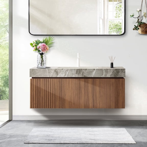 48" Floating Bathroom Vanity with Sink, Solid Wood & 16mm Plywood  Composite Cabinet with Drawer & Door Bathroom Vanity, Ceramic Basin & Sintered Stone Top - Brown Oak Brown Oak Wood Grain Vanity