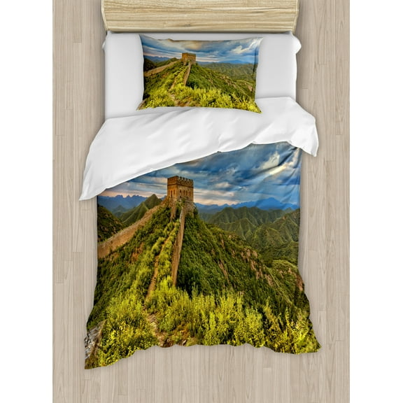 Great Wall of China Twin Size Duvet Cover Set, Exquisite Skyline on Classical Old Castle Wonder of the World Themed, Decorative 2 Piece Bedding Set with 1 Pillow Sham, Green Blue, by Ambesonne