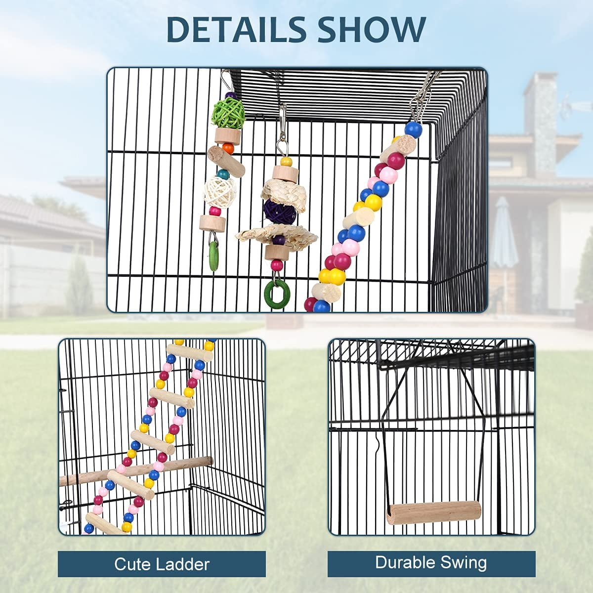 Dkeli 39"H Parrot Cage Metal Large Roof Top Bird Cage Double-Door Parakeet Cage with Ladder and Swing, Black