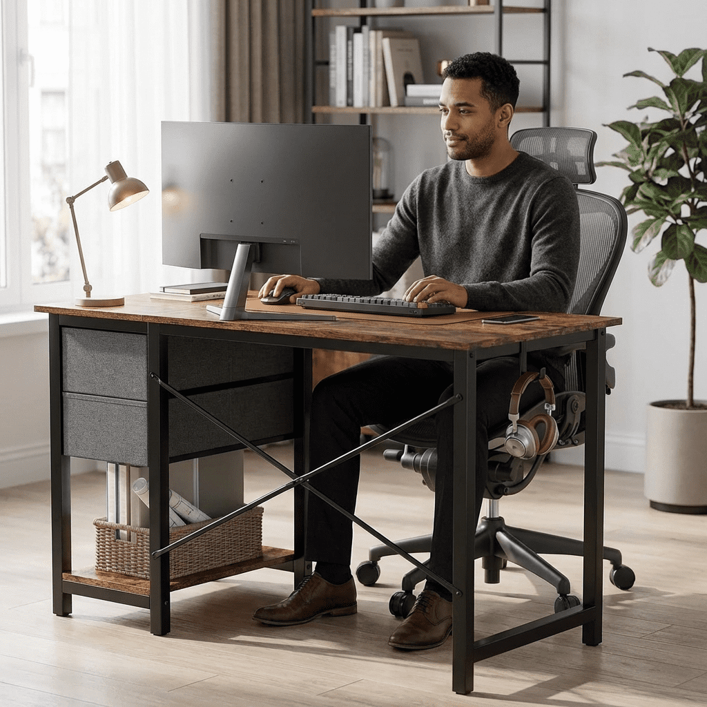 Atilioo 40" Computer Desk, PC Table with 2 Fabric Drawers & Headphone Hook, Sturdy Metal Frame, Easy Assembly for Home Office, Brown