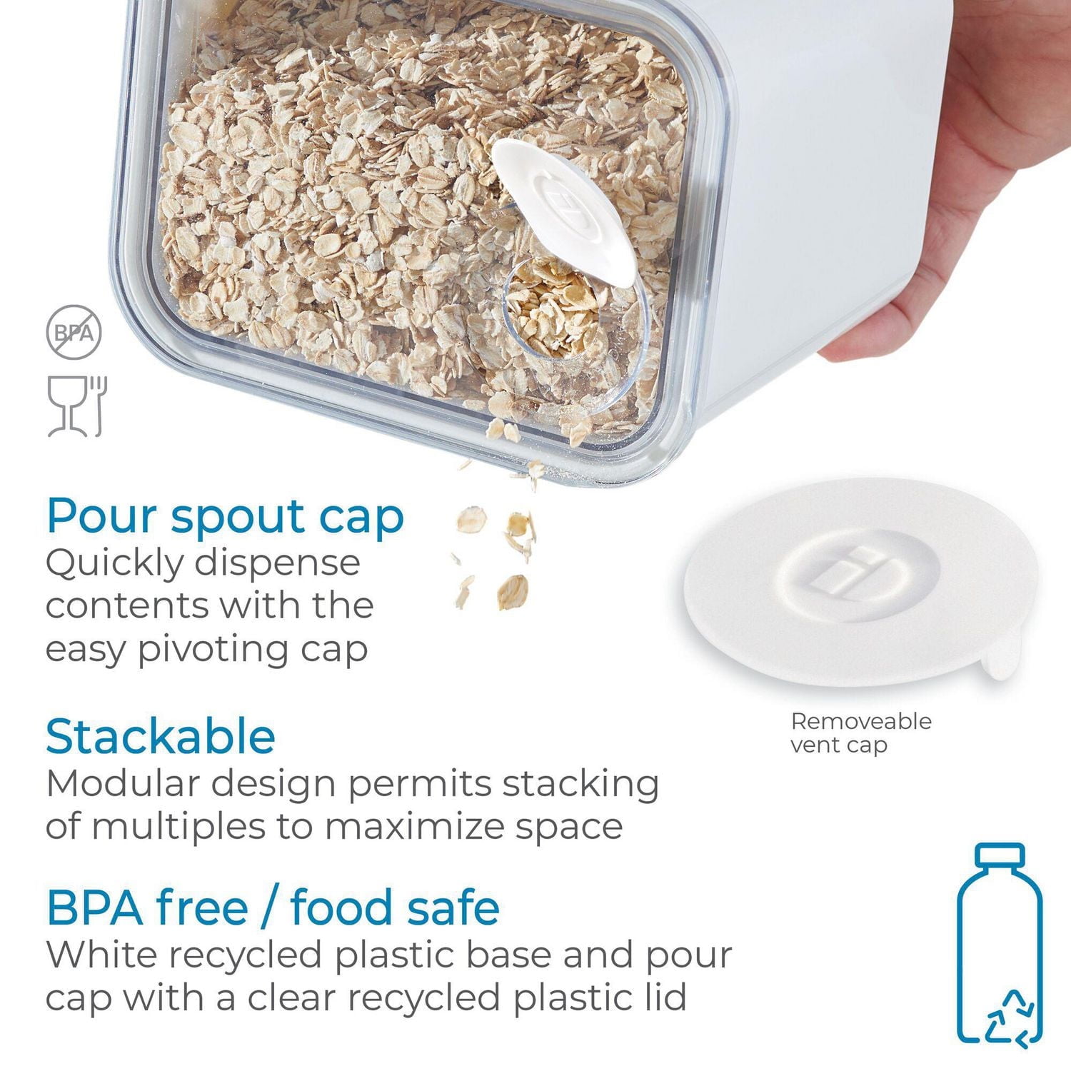 iDesign Recycled Plastic Medium Dry Goods Kitchen Canister with Airtight Lid – 1900mL, White