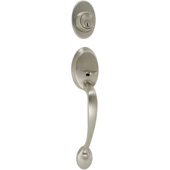Colton single cylinder handleset in Satin Nickel with Saxon knob interior