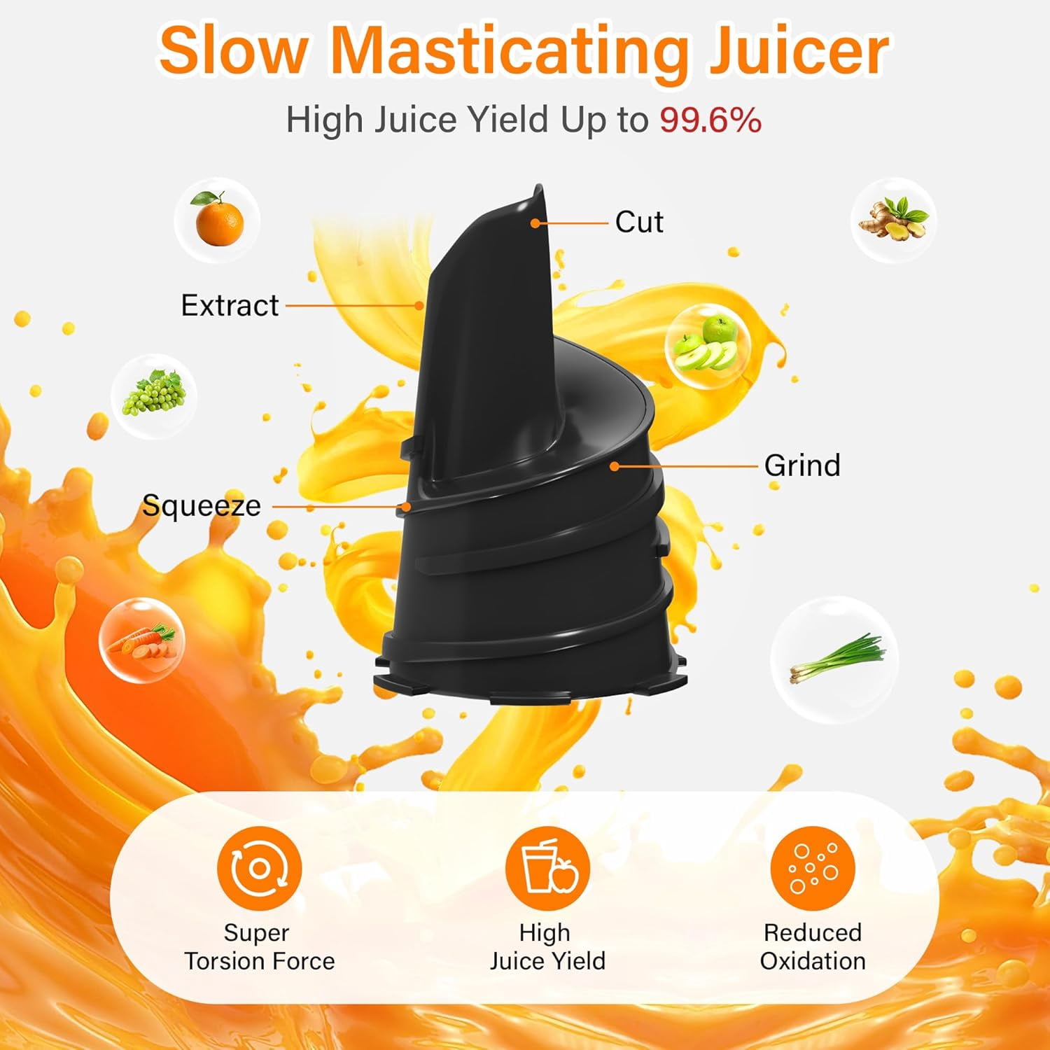 Cofiyard Cold Press Juicer, Slow Masticating Juicer Machines with 5" Feeding Chute Fit Whole Fruits&Vegetables, Stainless Steel Slow Masticating Juicer Easy to Clean, 99.6% Juice Purity, 1.5L