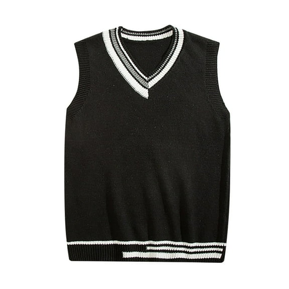 FINALGANG Mens V Neck Sleeveless Knit Vest Contrast Stripe Trim Ribbed Edges Casual Knit Waistcoat For Daily Wear Business Casual Black XXXL