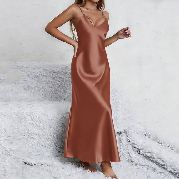 Womens Fashion Satin Spaghetti Strap Maxi Dress V Neck Sleeveless Side Slit Flowy Long Dresses Elegant Silky Cocktail Party Evening Gown for Summer, Size S-2XL