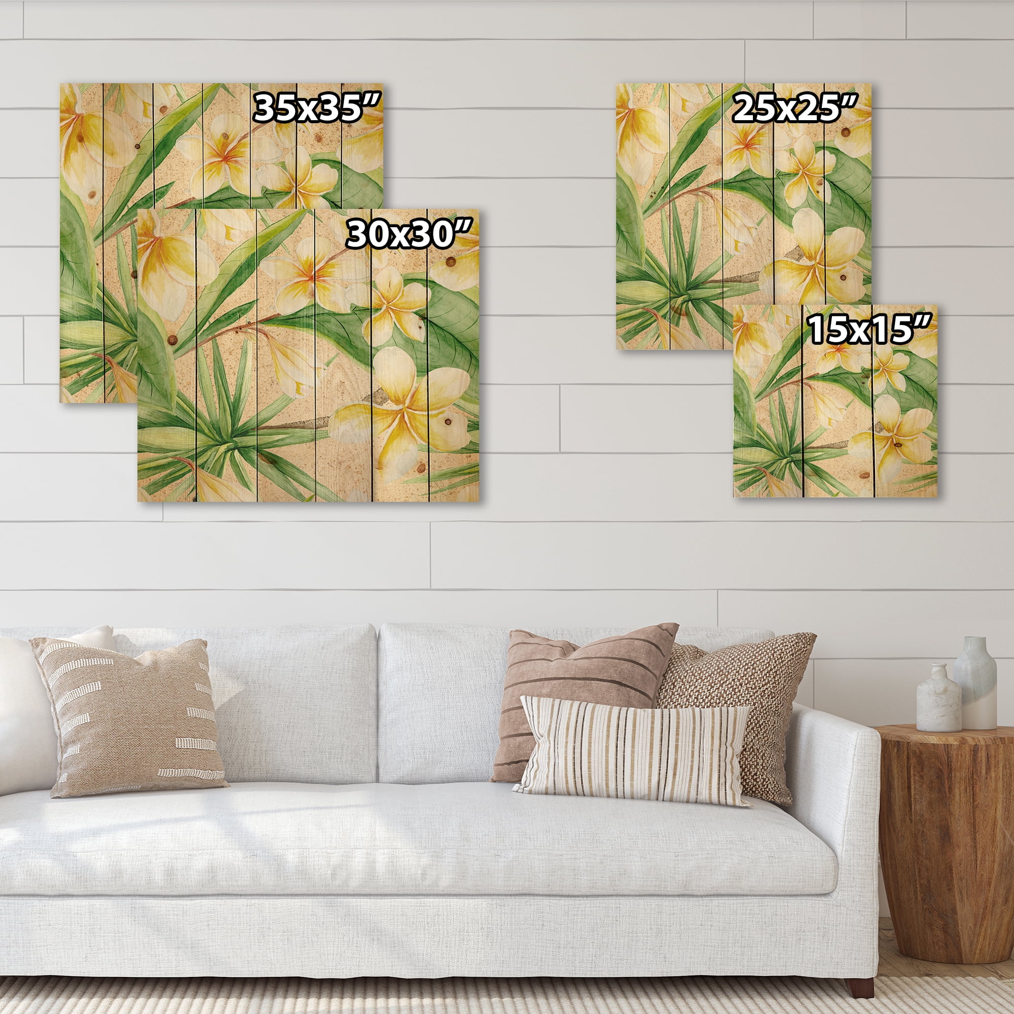 Designart 'Yellow Flowers and Tropical Foliage XI' Traditional Print on Natural Pine Wood