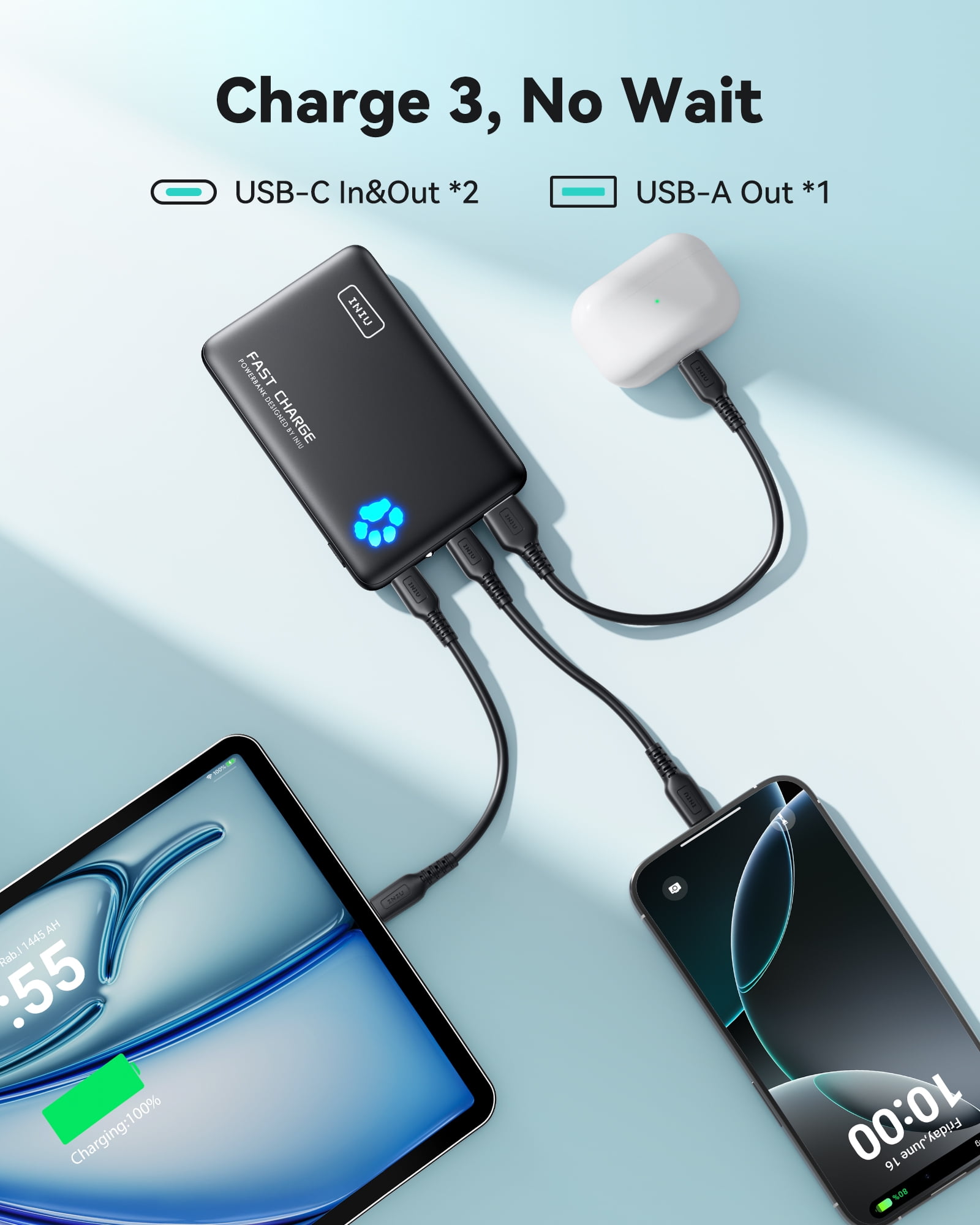 INIU PowerPaw 10K Fast Charging Portable Charger, 10,000mAh Slim Power Bank with Dual Usb C & Usb A Ports Compatible with iPhone, Samsung, Google Pixel, and Tablets