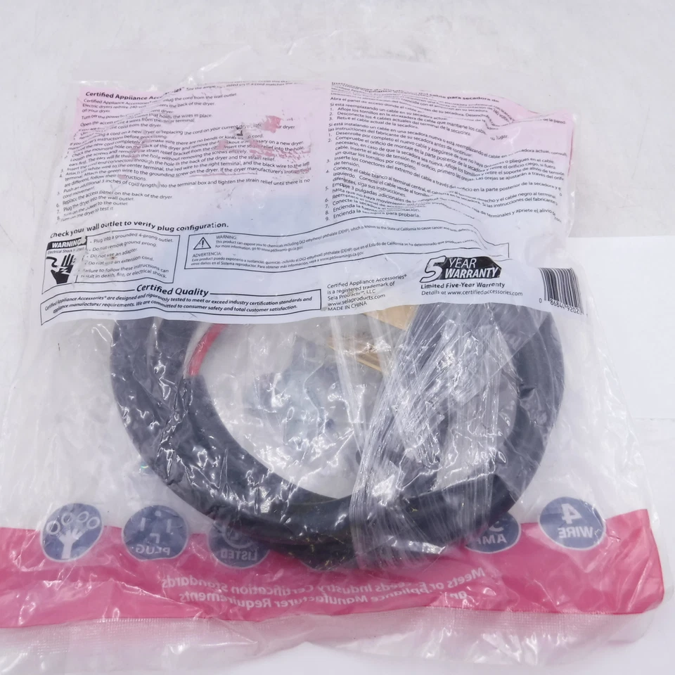 CIRCLE- Sela Certified 30 Amp 4-Wire Electric Dryer Power Cord 4Ft Mpn 90-2020