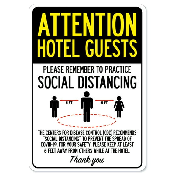 Public Safety Sign - Attention Hotel Guests Practice Social Distancing | Peel And Stick Wall Graphic | Protect Your Business, Municipality, Home & Colleagues | Made in the USA