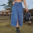 thumbnail image 2 of Lovskoo Womens Elastic Waist Denim Cargo Skirt Casual High Waist Split Front A-Line Jean Midi Skirts Blue, 2 of 4