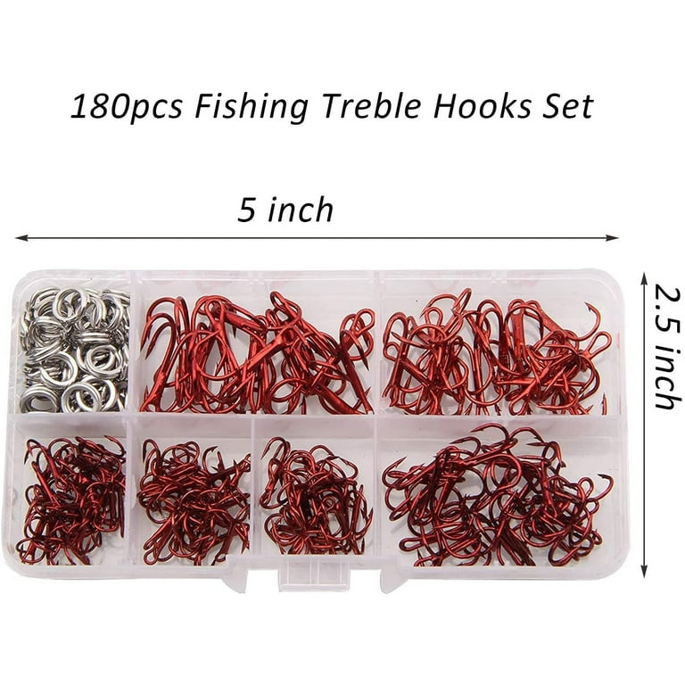 Fishing Treble Hooks with Split Rings Kit 180pcs/box High Carbon Steel  Hooks Sharp Round Bend Treble Hooks Strong Barbed Hooks Stainless Steel  Ring