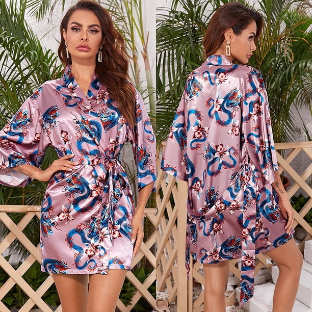 Camisón de seda de hielo para mujer, ropa de casa con estampado de peonías de verano, cárdigan, bata de mañana, bata de baño