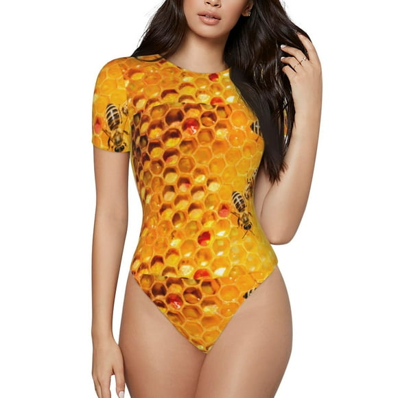 Balery Bees on Hive Honeycomb Pattern Women's Short Sleevee Crew Neck Bodysuit Tops Short Sleeve Tops Basic-Large