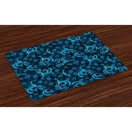 Blue Placemats Set Of 4 Abstract Damask Inspired Curvy Flower