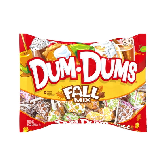 Dum Dums Fall Mix Halloween Assorted Candy, Allergen Free Lollipops & Suckers, Hard Party Candy, 9oz Bag