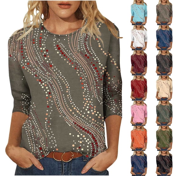 Jsaierl 3/4 Sleeve Womens Tops Summer Round Neck Shirts Trendy Graphic Ladies Blouses Work Cotton Tunic Top S-3XL