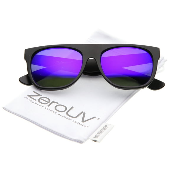 zeroUV Unisex Modern Super Flat-Top Wide Temple Colored Mirror Lens Horn Rimmed Sunglasses 55mm (Matte Black / Purple Mirror) - 55mm